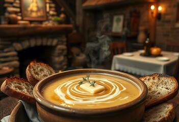 Rustic French Onion Soup in a cozy dining room