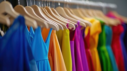 Obraz premium Colorful Dresses Hanging on Wooden Hangers