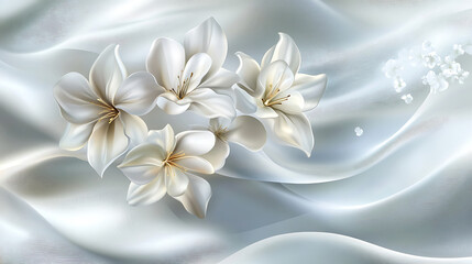 White Flowers on whtie Elegant Silk Fabric