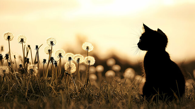 Silhouette of a Black Cat in a Dandelion Field at Sunset