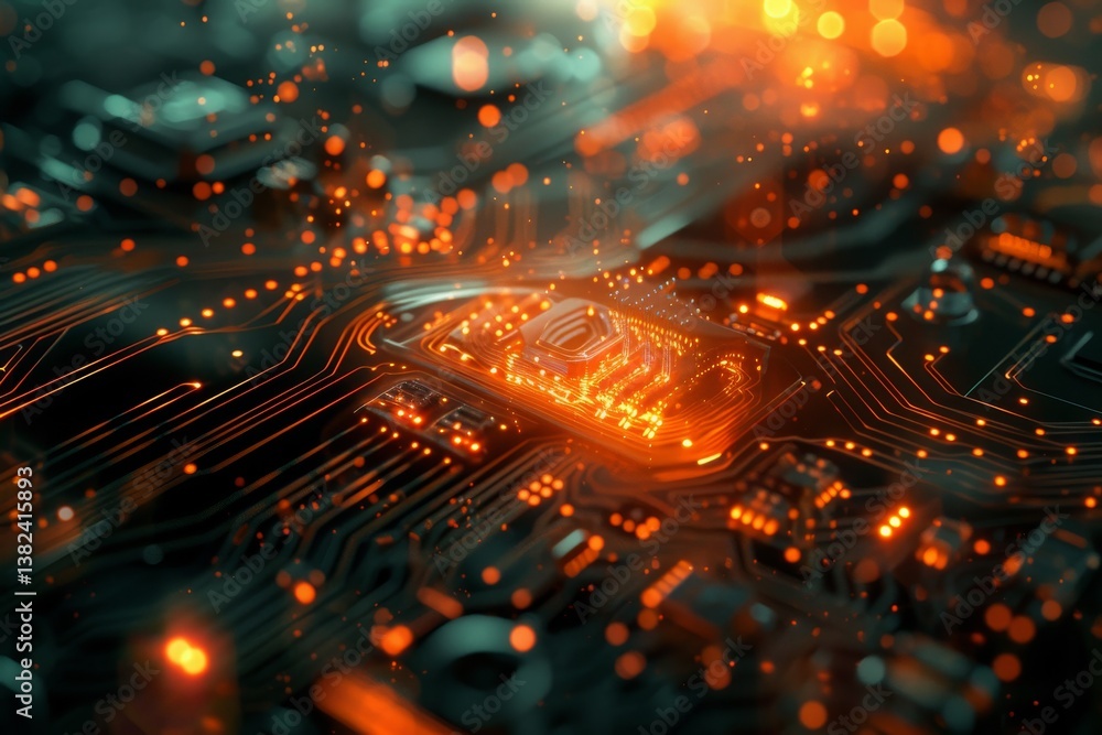 Poster technological circuits illuminating with vibrant energy at close range, showcasing intricate designs