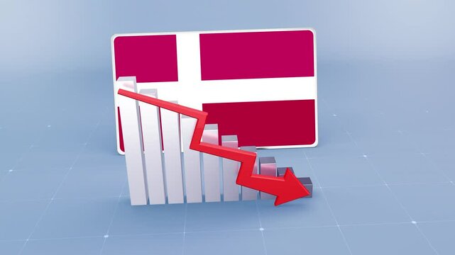 Denmark Country Flag and Bar Chart Graph Showing Decreasing Values a Red Arrow Economic Crisis Concept. Flag of the Denmark