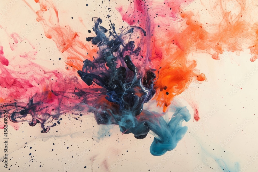 Poster in a vibrant display, ink splatters merge beautifully to create an abstract masterpiece filled with 