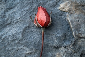 A single, unopened red rosebud rests against a textured gray stone background.