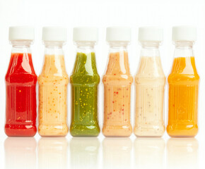 Six transparent bottles filled with colorful sauces and dressings stand in a row against a white background. The vibrant selection showcases a variety of flavors, perfect for cooking and seasoning.