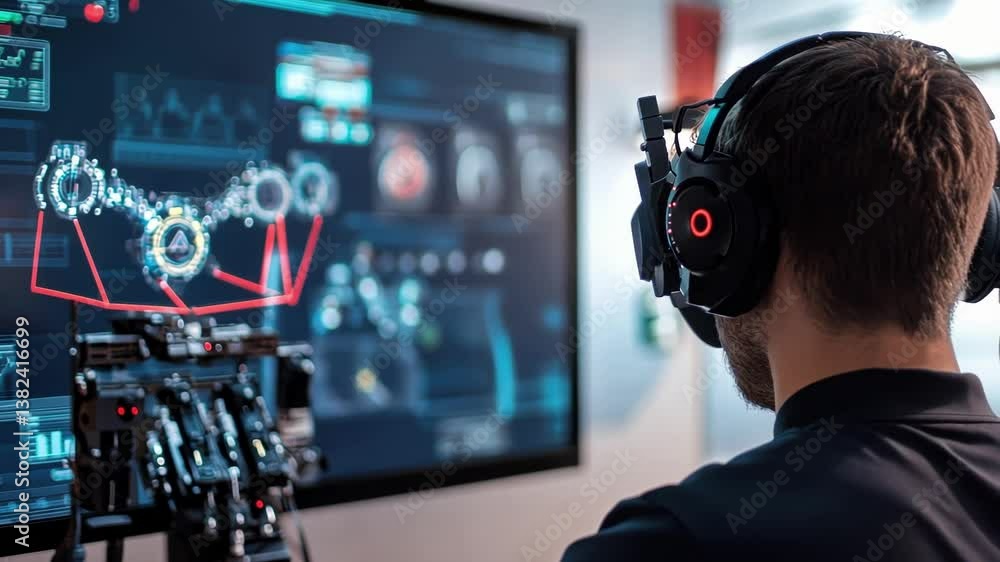 Poster it specialist wearing headphones is working on cyber security using computer and camera in modern of