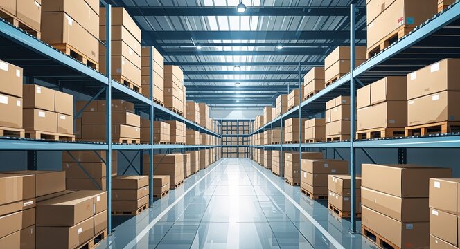 A clear aisle through an industrial storage facility with stacked boxes anime cartoon style illustration artwork design background