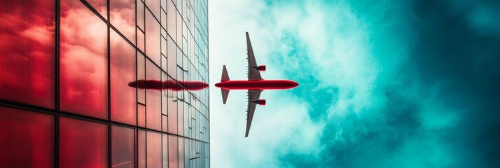Naklejka premium Airplane flies between a red building and a blue cloudy
