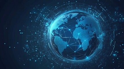 A blue world globe with digital connections and network lines in a dark background space view