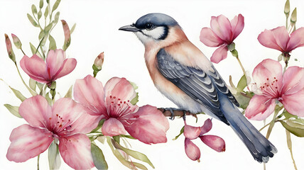 watercolor bird and pink flowers botanical spring illustration white background