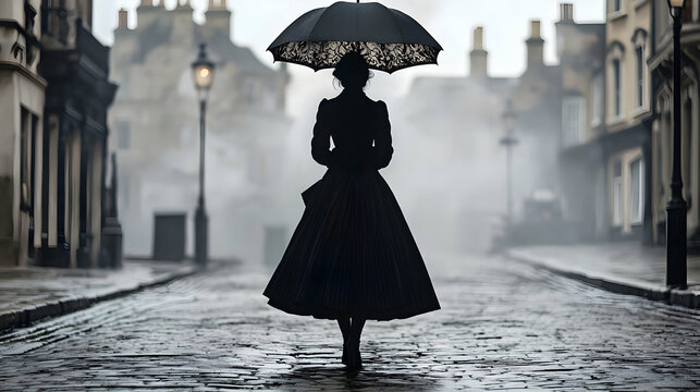 Fototapeta Victorian Woman Walking in a Rainy City Street