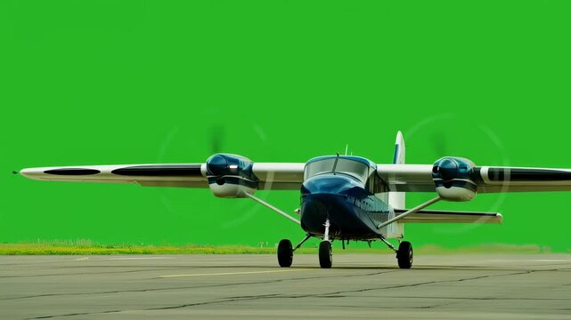 Twin engine airplane taxiing on empty runway, featuring green screen background perfect for compositing and visual effects production, showcasing clean aviation template