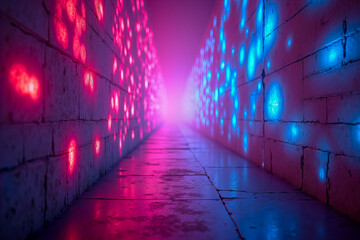Neon light tunnel with a mysterious pathway, illuminated with vibrant red and blue lights, leading to an unknown destination. 