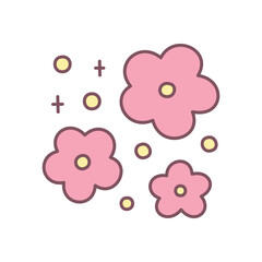 Cute floral illustration. Whimsical design of three pastel pink flowers and yellow sparkles. Simple hand drawn illustration isolated on a white background. Kawaii sticker. Vector 10 EPS.