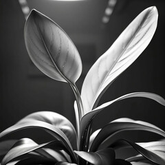 trong hard light, classic black and white. Futuristic bioengineered plant with sleek metallic stem. 