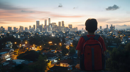 Plakat Young Boy with Red Backpack Contemplates Sunset Cityscape