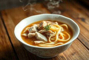 Steaming hot Chicken Noodle Soup in a white ceramic bowl