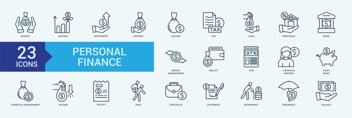 Personal Finance icon collection set with budget, savings, investment, expense, income, tax