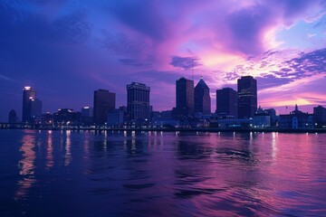 Fototapeta premium Discover the enchanting skyline of New Orleans at twilight with the shimmering Mississippi River reflecting the vibrant hues of sunset over the cityscape