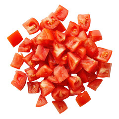 A top view of a pile of diced red tomatoes on a black background with visible seeds and juice sacs