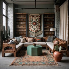 Generative AI, Folk-style loft living room with rustic wood sofa