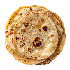 A top view of a stack of freshly made roti or flatbread on a black background with light and shadow