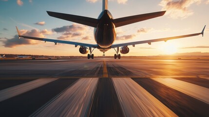 Dynamic Shot of Jetliner in Motion with Engines Running Against Sunset Sky