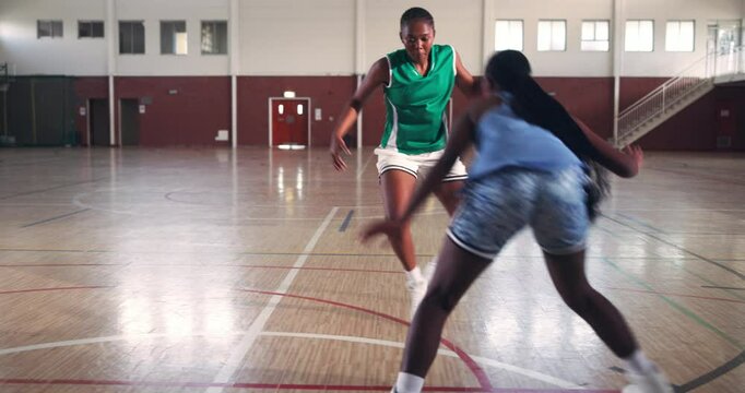 African women, basketball and team for sports, exercise and practice for fitness in competition. Ball game, girls training and court for workout together, dribble and agile athlete with challenge