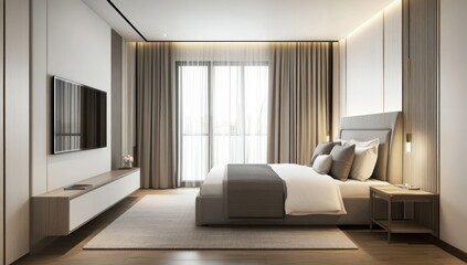A modern bedroom interior showcasing minimalist design and elegant furniture