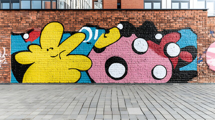 Colorful Whimsical Mural on Brick Wall
