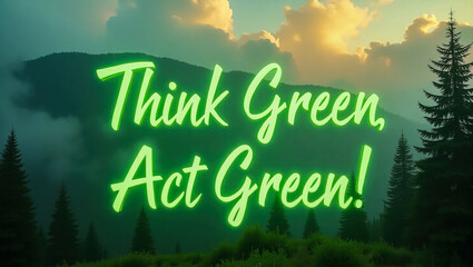 A vibrant green slogan 'Think Green, Act Green!' is emblazoned across a serene nature scene with towering trees and majestic mountains, evoking a sense of environmental consciousness.