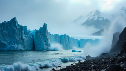 An expansive glacier meets the sea under a moody sky, evoking a sense of vastness and the raw beauty of nature. The frigid landscape highlights the power of nature. 
