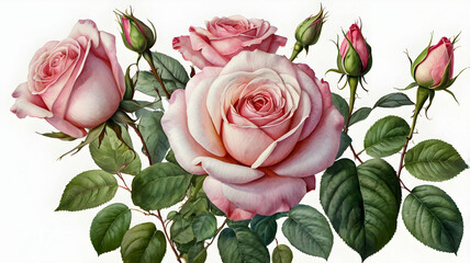 Naklejka premium Delicate pink roses and buds watercolor botanical illustration on a white background