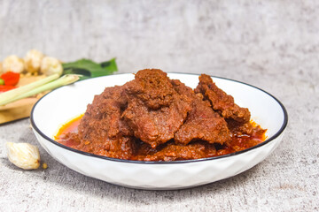 A traditional Indonesian home-made food called rendang, which is made from beef and spices.