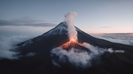 Volcano erupting, fiery peak, rising smoke