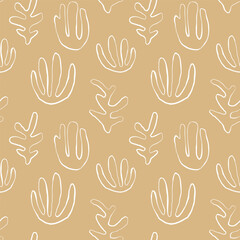 Fototapeta premium Seaweed silhouette seamless pattern. Hand drawn doodle illustration. Underwater sea life summer holiday. Beige sandy seaweed, algae design element set