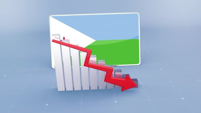 Djibouti Country Flag and Bar Chart Graph Showing Decreasing Values a Red Arrow Economic Crisis Concept. Flag of the Djibouti