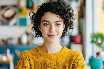 Smiling young woman relaxing indoors cozy lifestyle portrait warm atmosphere inviting environment intimate viewpoint