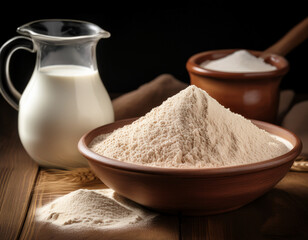 Estonian Kama powder laid in a bowl next to a jug of milk, symbolizing traditional breakfast culture.