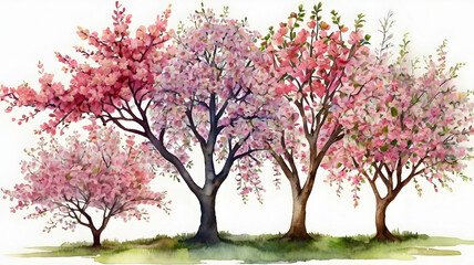 Fototapeta premium Hand-painted spring trees and shrubs botanical watercolor set for seasonal landscape art