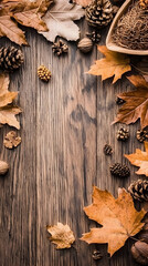 Autumn Still Life with Brown Leaves and Pine Cones on Rustic Wood