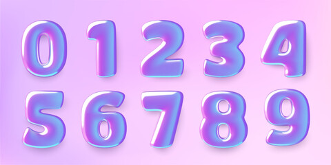 3D holographic numbers set. Purple and blue iridescent glass or metallic 0, 1, 2, 3, 4, 5, 6, 7, 8, and 9 with realistic shadow on gradient background. Vector illustration