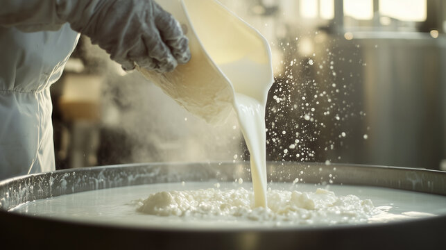 Slow-motion shot of a dairy worker pouring milk into a heated vat, preparing it for the next stage of cheese manufacturing.