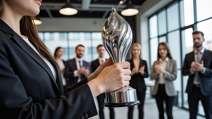 Businesswoman Holding Award as Team Applauds - Corporate Achievement and Recognition