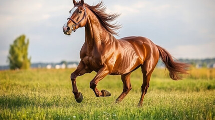 Obraz premium A chestnut horse galloping gracefully in a lush green field under a cloudy sky.
