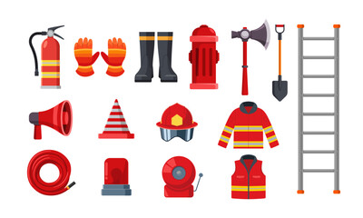 Firefighter equipments vector illustration set