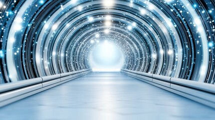 Illuminated Tunnel with Shimmering Lights and Smooth White Pathway Leading to Bright Exit
