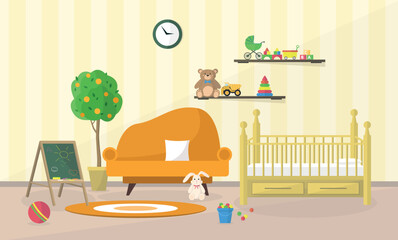 Interior of a children's playroom with a crib, sofa, board and toys. Room for games and development.