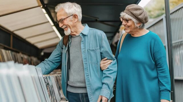 Happy retired couple enjoying their free time browsing vinyl records at an outdoor flea market, searching for vintage music treasures and sharing a joyful moment together