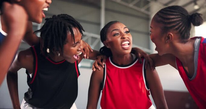 Netball, people or talking in huddle for motivation, teamwork and support in indoor competition. Black women, group leader or girl athletes screaming for inspiration, exercise or training fitness
